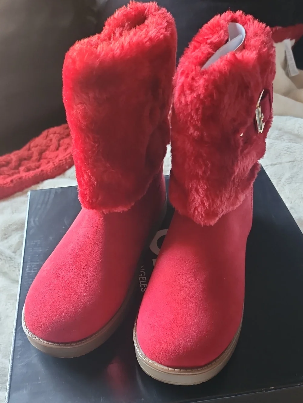 Guess Red Faux-Fur Cuff Winter Ankle Boots